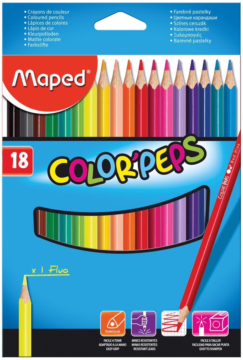 18 crayons de couleur en bois color'peps + un fluo